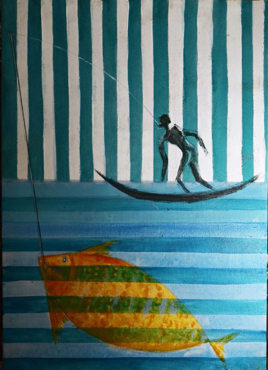 Fish  Catching Fisherman (ART-15198-100788) - Handpainted Art Painting - 15 in X 21in