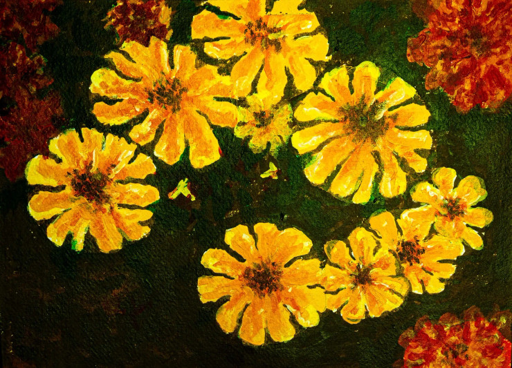 Yellow Flowers (ART-15198-100797) - Handpainted Art Painting - 17in X 11in
