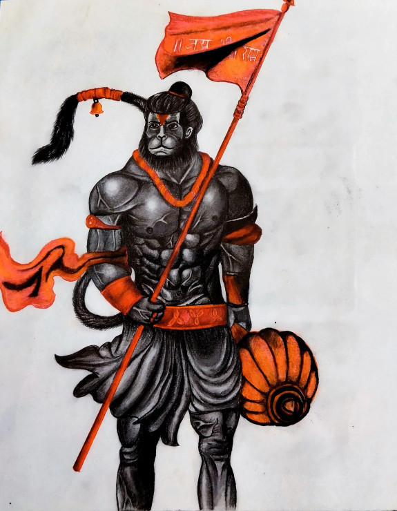 Hanuman (ART-15176-100811) - Handpainted Art Painting - 8 in X 10in