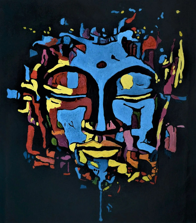 The Colorful Geometric Buddha Face- Surreal Meditation - Missmessyartist C (PRT-1538-100764) - Canvas Art Print - 16in X 18in