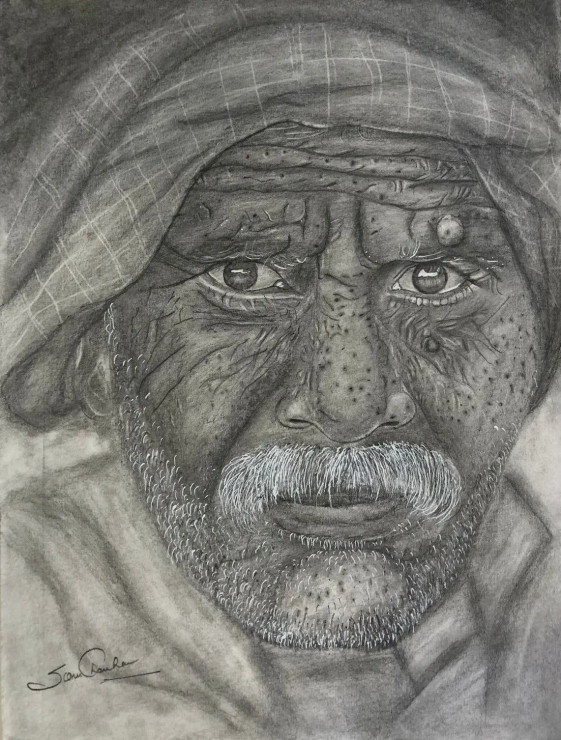 Old Man Graphite Portrait (ART-15178-100841) - Handpainted Art Painting - 8 in X 12in