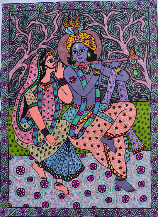 Radhe Krishna (ART-3198-100900) - Handpainted Art Painting - 22in X 30in