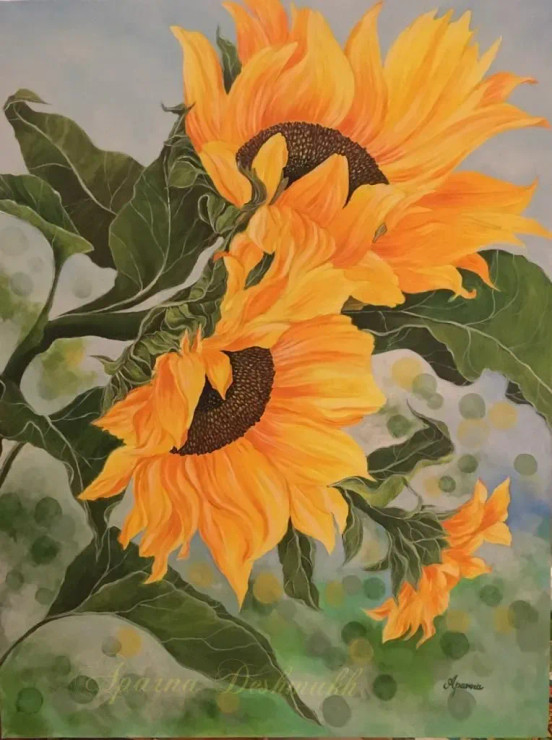 The Golden Sunflower Blooms (ART-15214-100929) - Handpainted Art Painting - 24 in X 32in