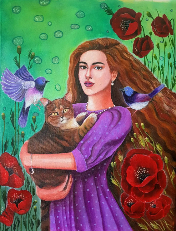 Arena With Brownie Cat (ART-15218-100931) - Handpainted Art Painting - 40 in X 42in