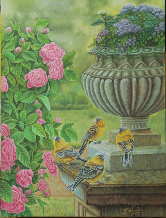 Birds And Flowers (ART-15221-100986) - Handpainted Art Painting - 18 in X 24in