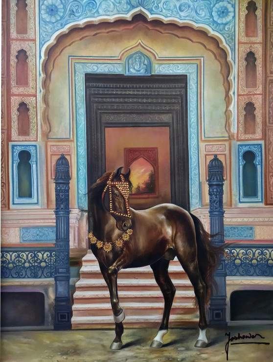 Marwari Stallion Nagraj (ART-2078-101036) - Handpainted Art Painting - 36 in X 48in