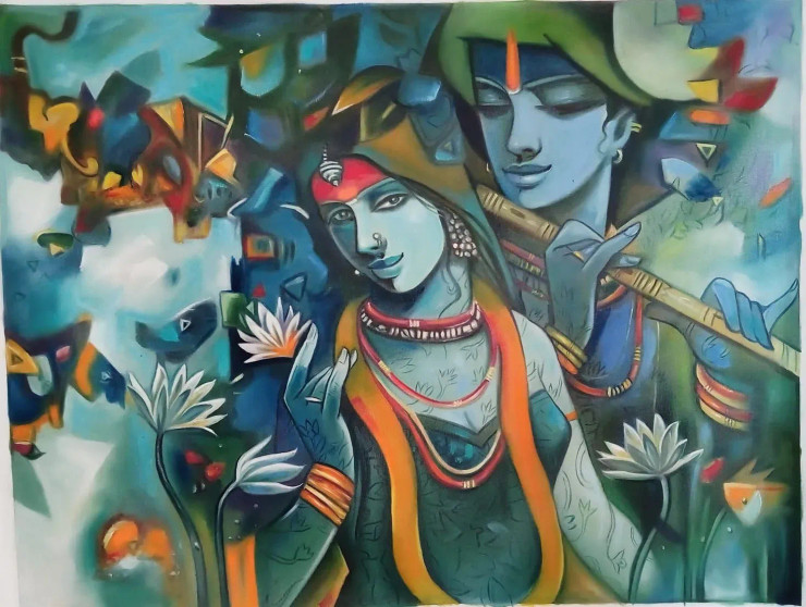 Radha Krishna Painting On Canvas (ART-15229-101025) - Handpainted Art Painting - 36 in X 28in