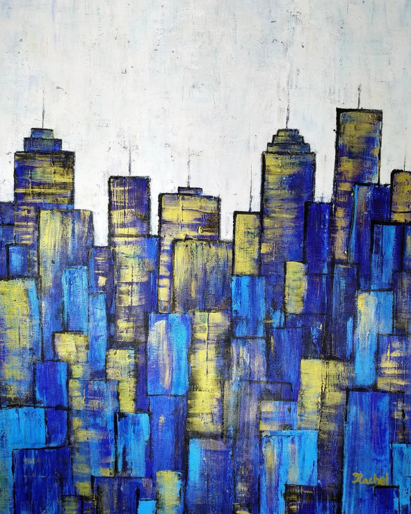 Blue Buildings (ART-5042-101005) - Handpainted Art Painting - 18in X 24in