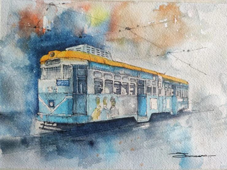 Iron Horses Or Calcutta, Tram 2023-1 (ART-8658-101136) - Handpainted Art Painting - 11 in X 7in