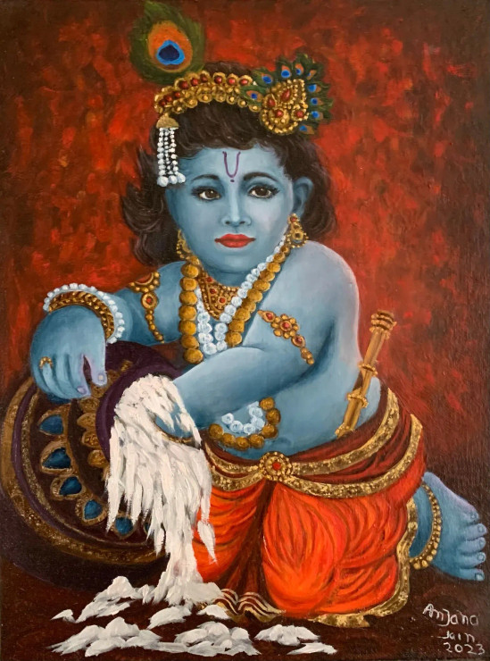 Baby Krishna Makhan Chor Oil Painting (ART-8067-101124) - Handpainted Art Painting - 9in X 12in