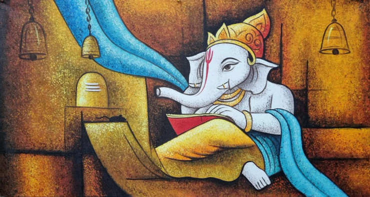 Ganesha Painting Acrylic. (ART-3319-101170) - Handpainted Art Painting - 36 in X 24in