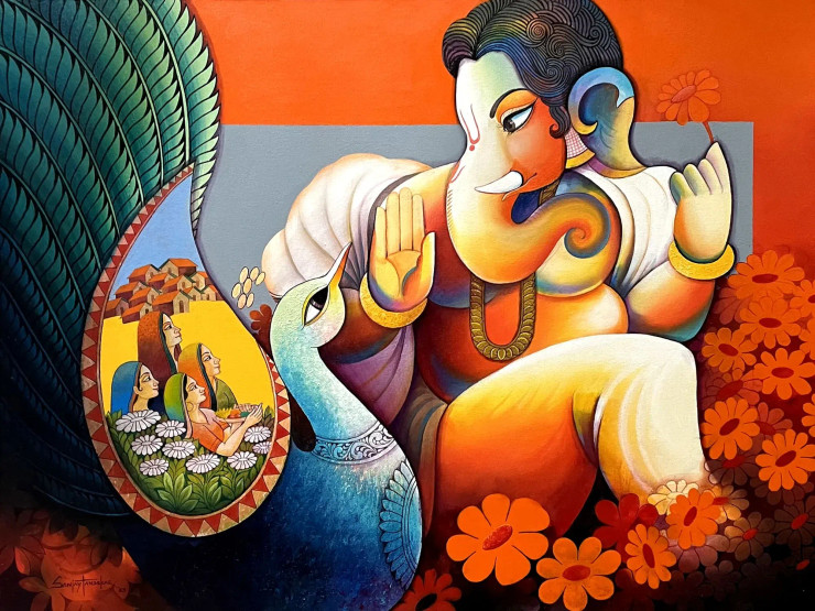 Lord Ganesha 8 (ART-3298-101180) - Handpainted Art Painting - 48in X 36in