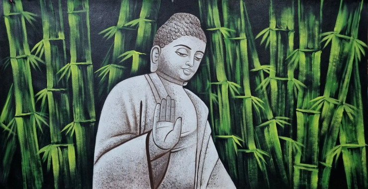 Buddha Painting Vastu (ART-3319-101214) - Handpainted Art Painting - 36 in X 24in