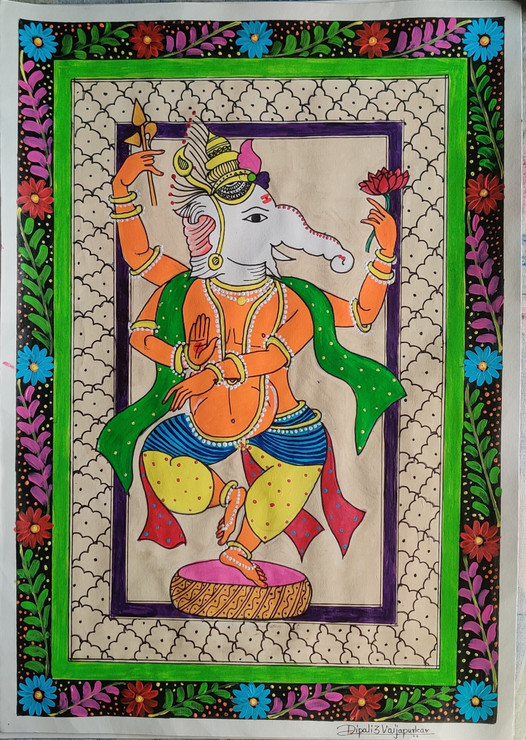 Pattachitra-Ganesh (ART-8744-101240) - Handpainted Art Painting - 12 in X 17in