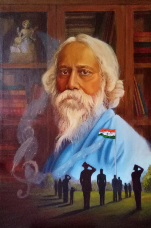 The Versatile Rabindranath Tagore (ART-15227-101245) - Handpainted Art Painting - 24 in X 36in