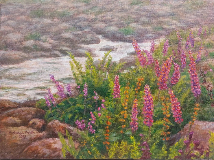 Purple Wildflowers By The Stream (ART-15227-104265) - Handpainted Art Painting - 16in X 12in
