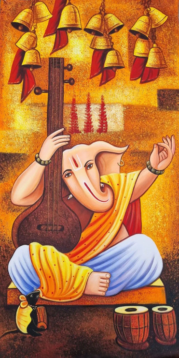 Ganesha Painting Acrylic- Musical Ganesha-1 (ART-3319-101303) - Handpainted Art Painting - 24 in X 36in