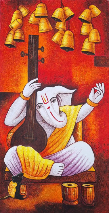 Ganesha Painting Acrylic- Musical Ganesha (ART-3319-101302) - Handpainted Art Painting - 24 in X 36in