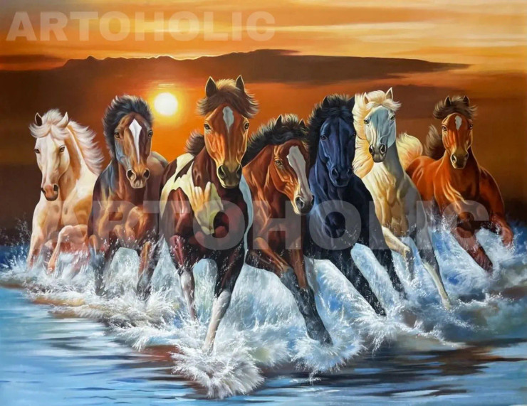 7 Running Horses Painting (ART-3319-101301) - Handpainted Art Painting - 48 in X 36in