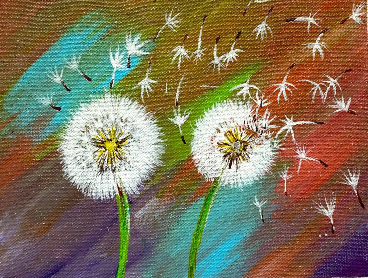 Beautiful Dandelions Flowers With Abstract Background (ART-15294-101328) - Handpainted Art Painting - 10 in X 8in