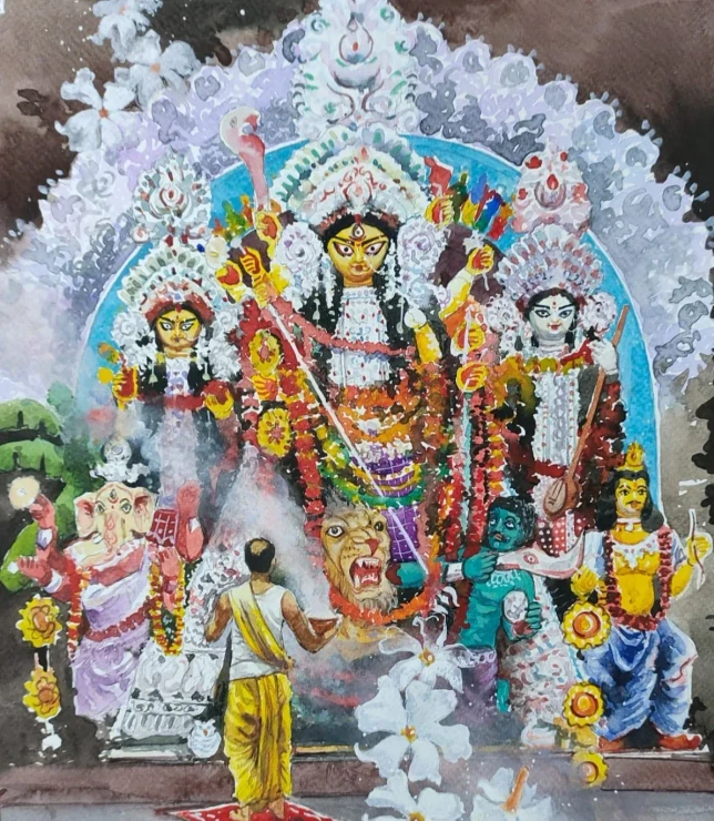 Durga Puja (ART-8302-101350) - Handpainted Art Painting - 20in X 16in