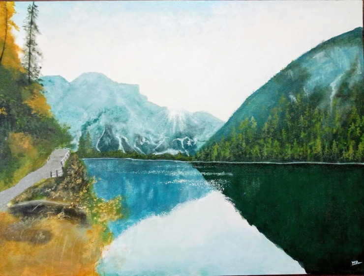 Snow Mountain And Lake (ART-15303-101332) - Handpainted Art Painting - 24 in X 18in