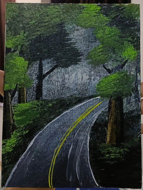 Misty Forest Pathway (ART-15305-101322) - Handpainted Art Painting - 6 in X 8in