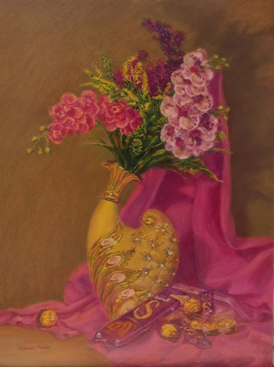 Regal Magnificence: Magenta Blooms And Gilded Delights (ART-15227-101359) - Handpainted Art Painting - 18 in X 24in