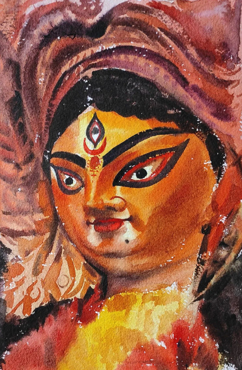 Ma Durga (ART-7901-101381) - Handpainted Art Painting - 7 in X 11in