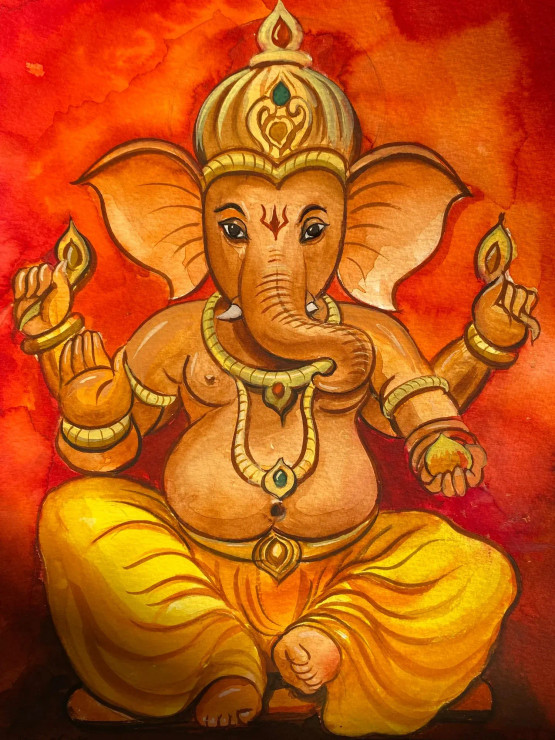 Ganesha (ART-3512-101369) - Handpainted Art Painting - 8in X 11in
