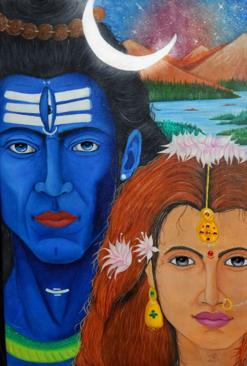 Shiv-shakti (ART-15348-101463) - Handpainted Art Painting - 28in X 36in
