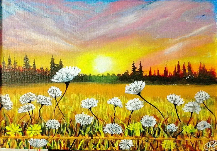 White Lilly Sunrise (ART-5868-101462) - Handpainted Art Painting - 35 in X 23in