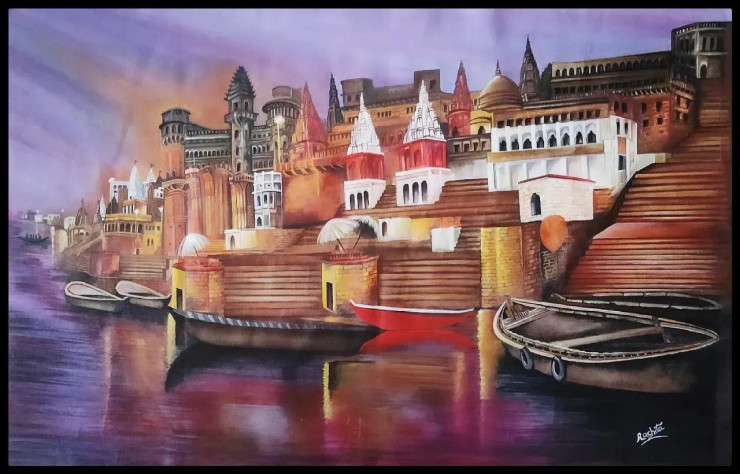 Banaras Ghat (ART-7440-101465) - Handpainted Art Painting - 39in X 24in