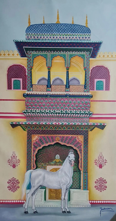 Marwari Stallion Albaksh (ART-2078-101508) - Handpainted Art Painting - 48 in X 84in