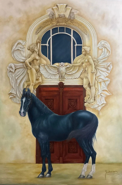 Marwari Stallion Tarzan Proudly Standing In Front Of Prague Heritage Building. (ART-2078-101506) - Handpainted Art Painting - 48in X 72in