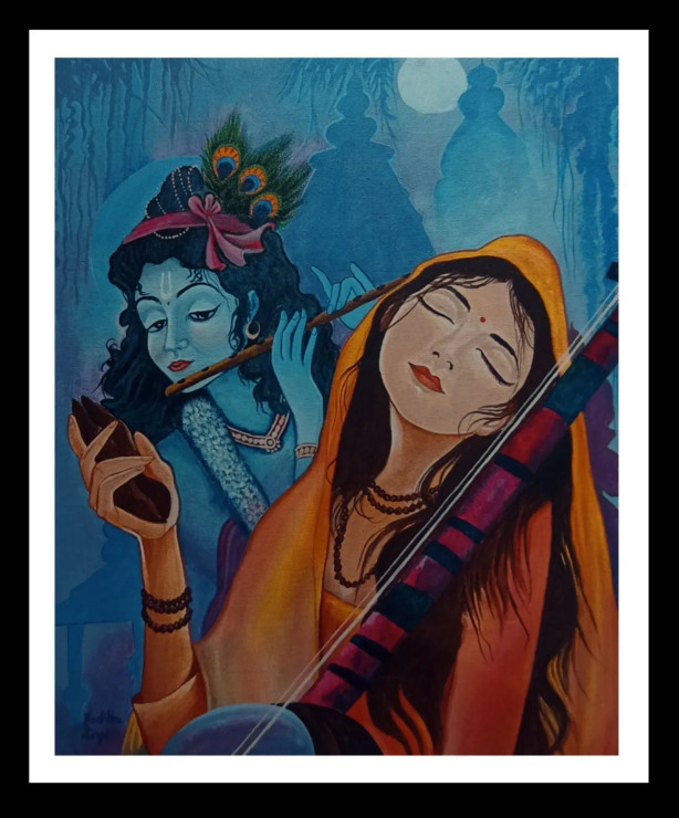 Meera Engrossed In The Devotion Of Lord Krishna. (ART-15379-101523) - Handpainted Art Painting - 17 in X 20in