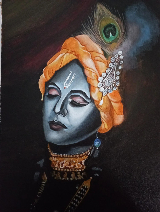 Lord Krishna Painting (ART-15379-101566) - Handpainted Art Painting - 16 in X 22in