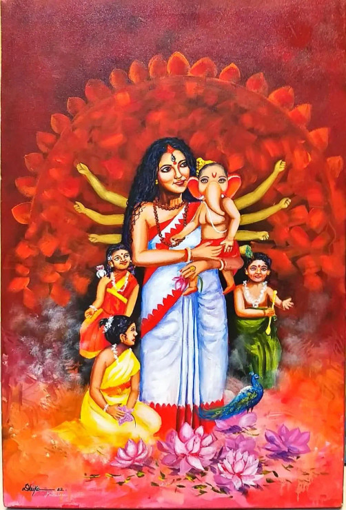 Maa Durga With Her Family (ART-15414-101575) - Handpainted Art Painting - 16 in X 20in