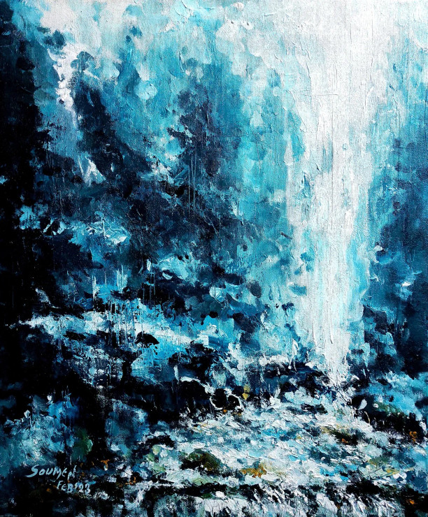 THE WATERFALL (ART-15231-101620) - Handpainted Art Painting - 20 in X 24in