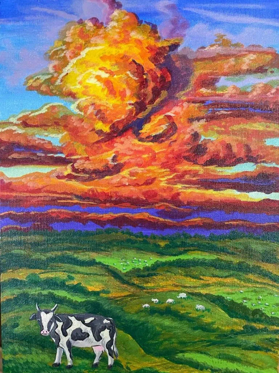 Cows Grazing At Sunset, Time To Go Home (ART-15277-101598) - Handpainted Art Painting - 12 in X 16in