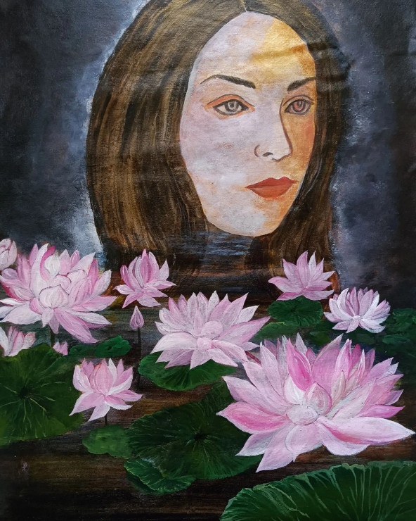 Lotus And Woman (ART-8657-101622) - Handpainted Art Painting - 24 in X 35in