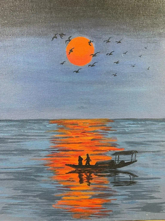 Red Sun At Sunset With Fishing Boat (ART-15277-101596) - Handpainted Art Painting - 12 in X 16in
