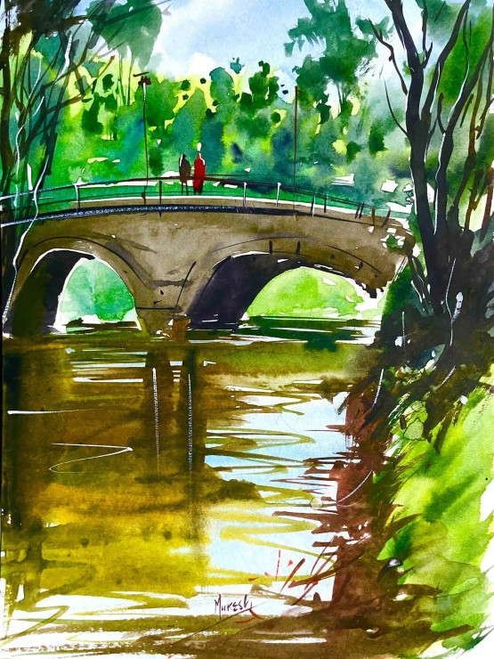 Romantic Bridge (ART-8987-101682) - Handpainted Art Painting - 8 in X 11in