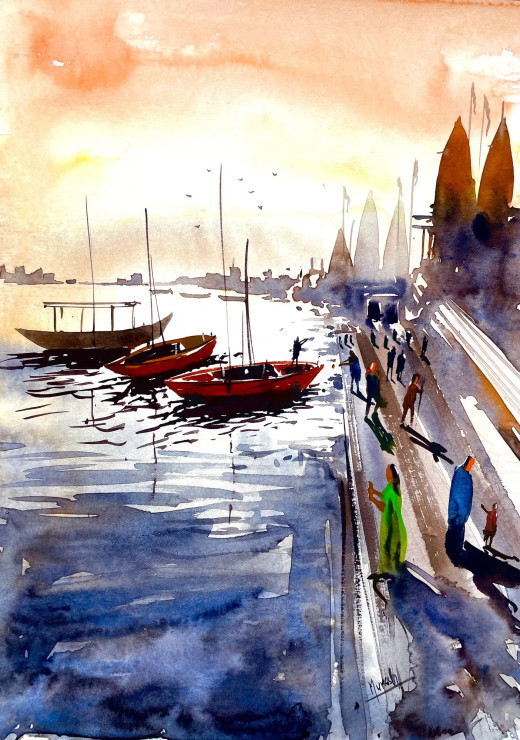 Varanasi (ART-8987-101688) - Handpainted Art Painting - 8 in X 11in