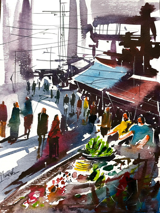 Market View (ART-8987-101679) - Handpainted Art Painting - 8 in X 11in