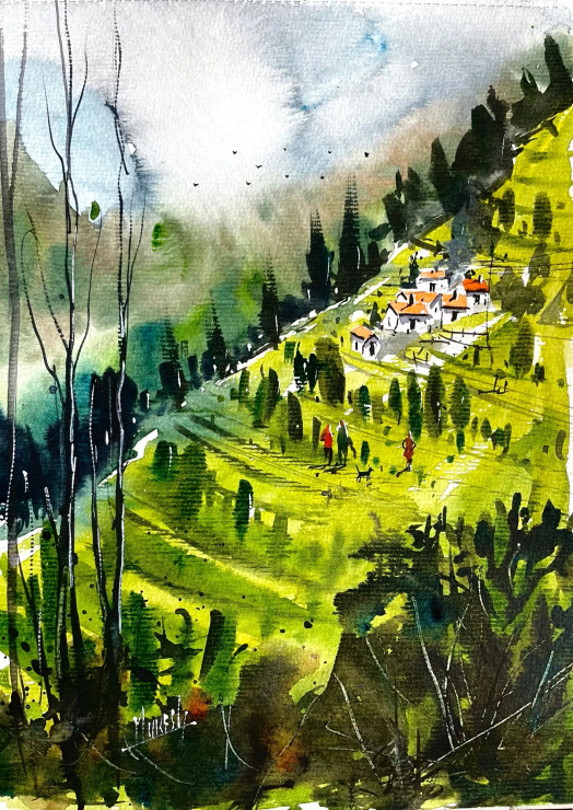 Village On Hills (ART-8987-101668) - Handpainted Art Painting - 11 in X 15in