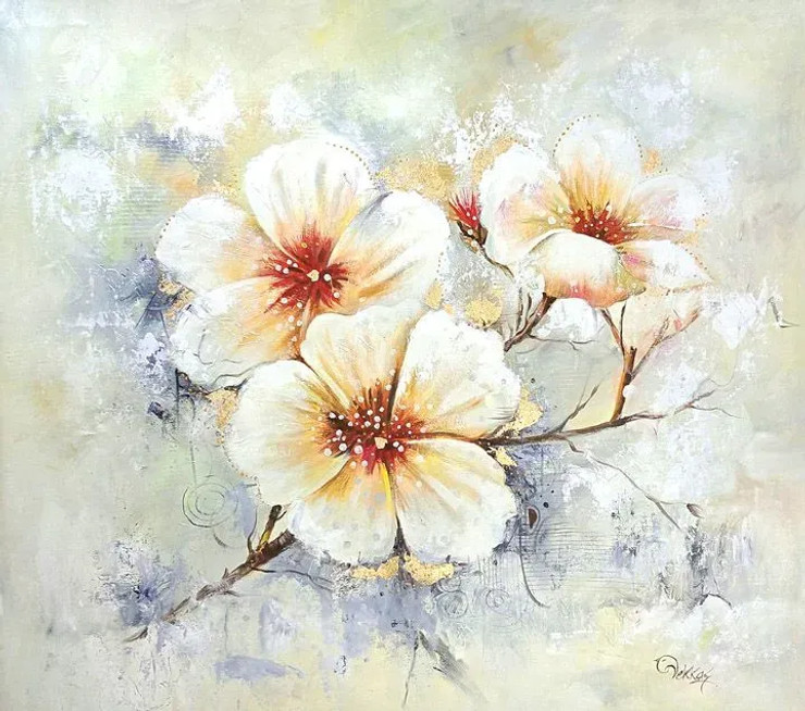 White Flower With Gold Foil (ART-1038-101719) - Handpainted Art Painting - 46in X 41in