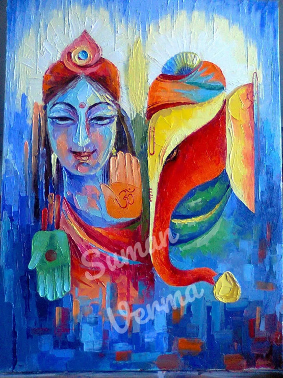 Laxmi Ganesh (ART-7685-101736) - Handpainted Art Painting - 16 in X 22in