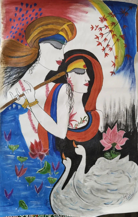 Love Birds Radha Krishna (ART-15172-101714) - Handpainted Art Painting - 19 in X 30in
