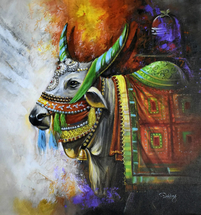 Shiv Nandi 4 (ART-1038-101830) - Handpainted Art Painting - 24in X 24in